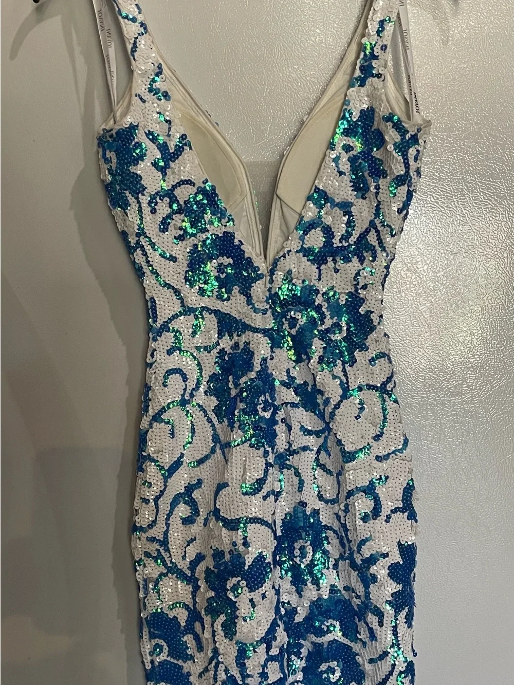 Jovani Sequin Floral V-Neck Bodycon Dress in White and Blue